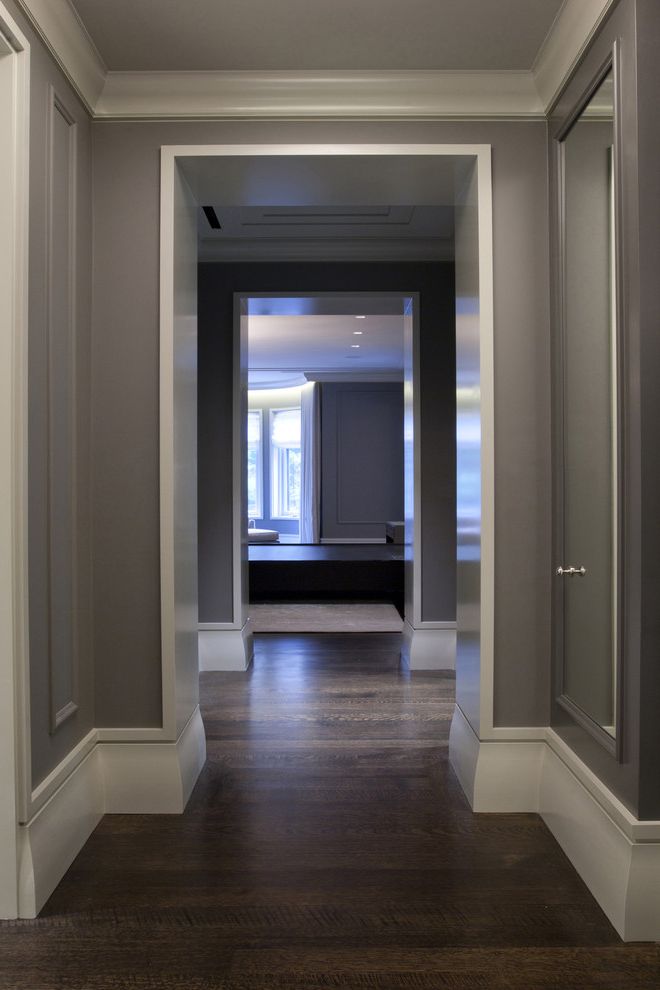 How Much Do Hardwood Floors Cost with Contemporary Hall  and Baseboard Crown Molding Dark Stained Wood Floor Gray Hallway White Painted Trim