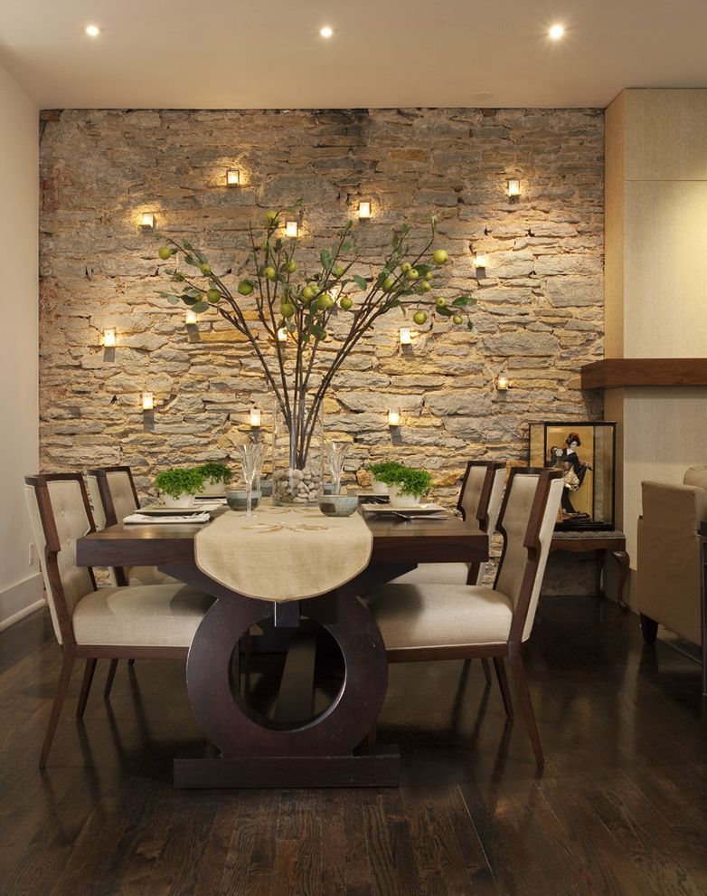 How Much Does a Architect Make with Contemporary Dining Room and Accent Wall Branches Candles Cream Dining Set Hardwood Floors Ivory Neutrals Place Setting Rock Runner Stacked Stone Stone Wall Upholstered Dining Chairs