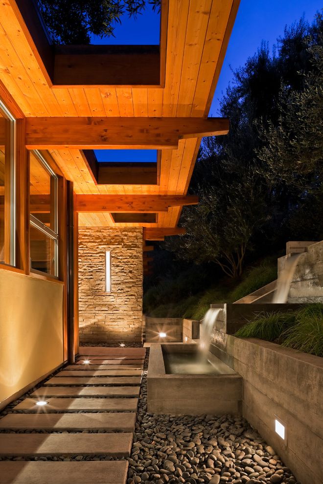 How Much Does a Architect Make with Contemporary Landscape and Cut Outs Mid Century Modern Mountain View Patio Pebbles Rafters Side Yard Stepping Stones Water Feature Waterfall Wood Soffit Lining