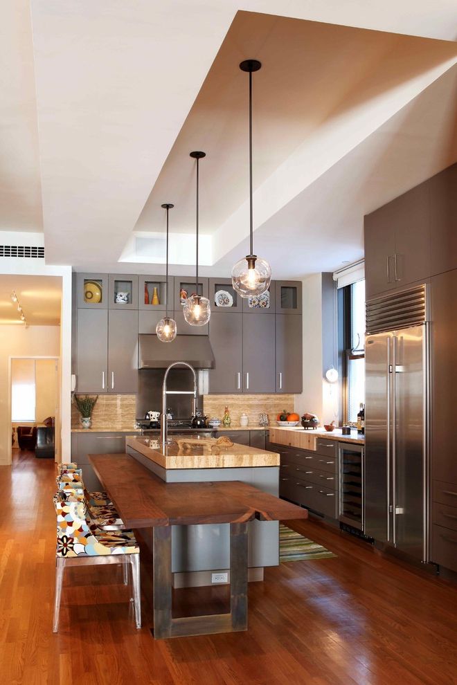 How Much Does an Island Cost   Contemporary Kitchen  and Breakfast Bar Colorful Kitchen Chairs Contemporary Pendant Light Eat in Kitchen Islands Kitchen Island Pendant Lighting Recessed Ceiling Tray Ceiling Wood Floors Wooden Floor