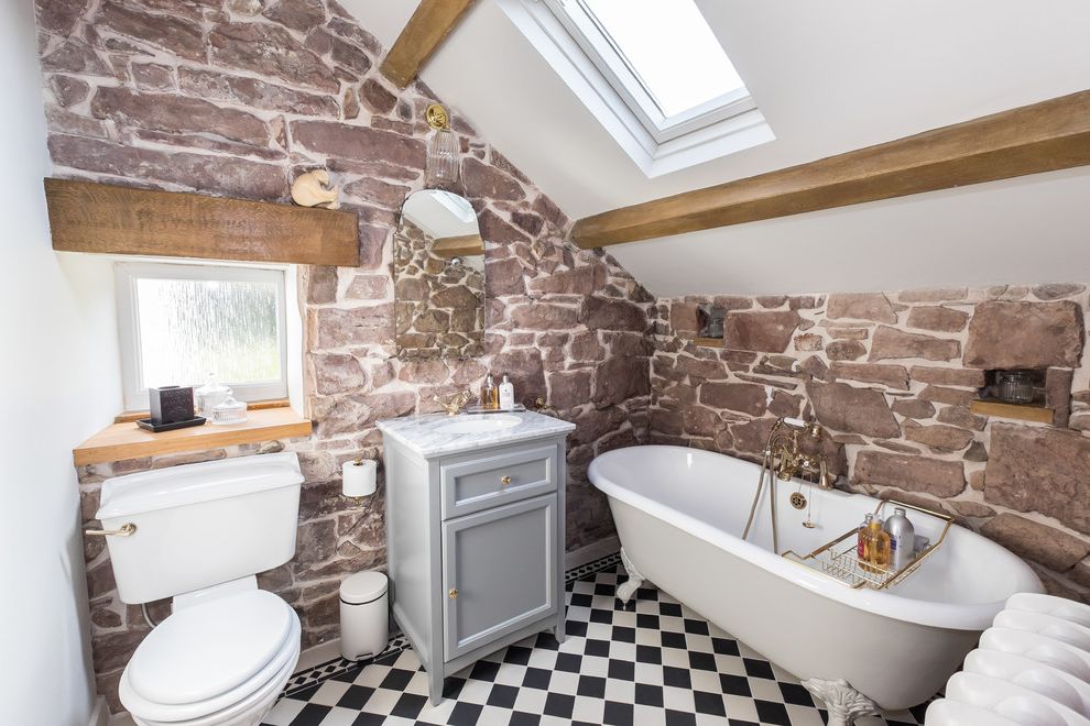 How to Figure Out Square Footage   Rustic Bathroom Also Checkered Floors Clawfoot Tub Compact Bathroom Exposed Stone Marble Countertop Rustic Siding Stone Veneer Skylight Small Space Small Vanity Victorian