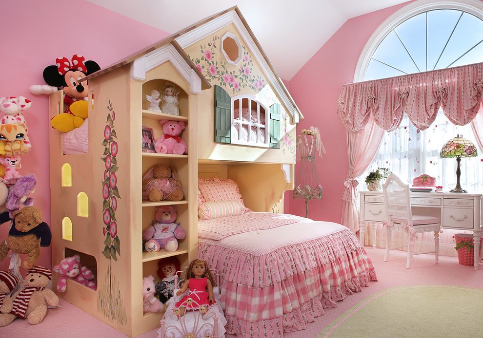 How to Get Rid of Mosquitoes in House with Traditional Kids  and Arch Window Bedroom Bedroom Desk Bunk Bed Childs Bedroom Drapes Feminine Girl Girls Room Nature Theme Pink Playhouse Bed Stained Glass Lamp Stuffed Animals