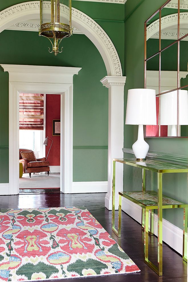 How to Install Schluter Trim with Transitional Entry Also Arched Doorway Console Table Cornice Green Green Walls Hallway Mirror Kilim Rug Patterned Rug Rug