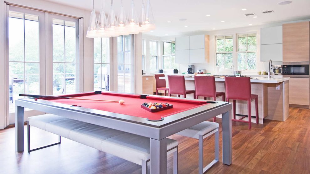 How to Move a Pool Table   Contemporary Kitchen Also Bench Seats Contemporary Pool Table Counter Stools Flush Cabinets Kitchen Island Pendant Lights Recessed Lights Red Tall Windows White Counters Wood Floor