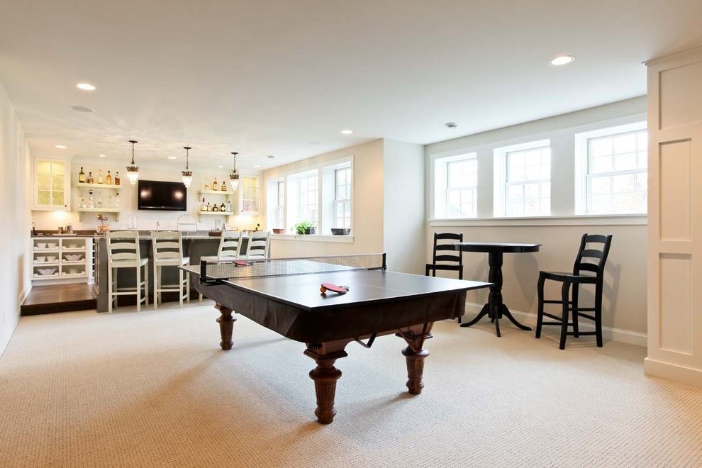 How to Move a Pool Table   Traditional Basement  and Bar Area Baseboards Cafe Table Ceiling Lighting Double Hung Windows Games Room Lower Level Ping Pong Table Rec Room Recessed Lighting Wet Bar