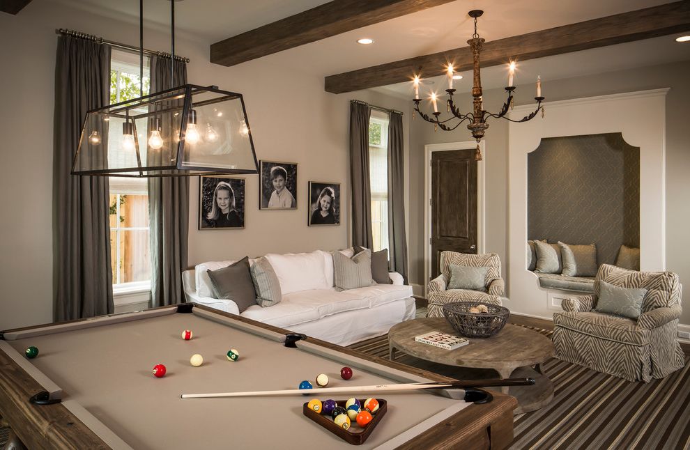 How to Move a Pool Table   Traditional Family Room  and Arm Chair Beige Walls Black and White Photography Chandelier Long Curtain Panels Niche Nook Pillows Pool Table Round Coffee Table Striped Area Rug Tall Windows Tone on Tone White Sofa