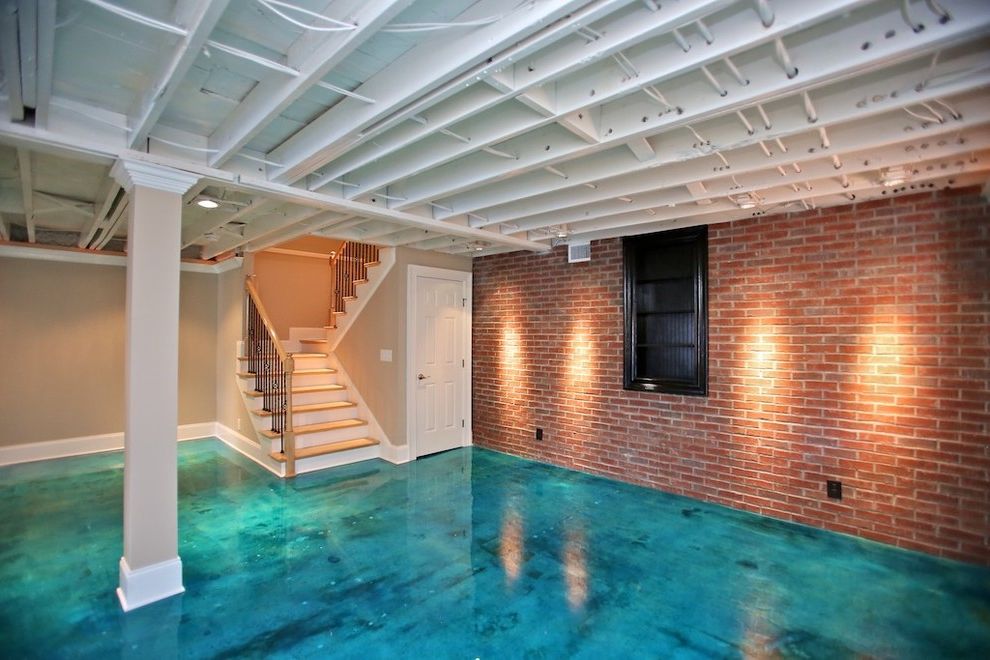 How to Paint Basement Ceiling   Contemporary Basement  and Beige Blue Bookshelf Door Brick Crawl Space Door Exposed Brick Exposed Electrical Painted Joists Stained Concrete White Casing