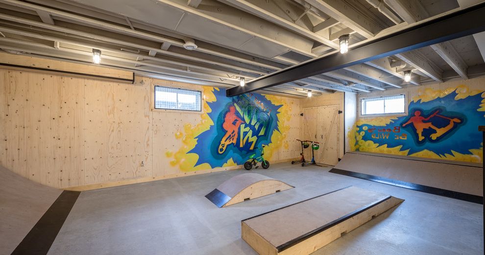 How to Paint Basement Ceiling with Industrial Kids  and Barn Doors in Basment Custom Made Family Friendly Graffiti Wall Art Indoor Play Area Plywood Skate Board Park in Basement Skateboard Ramps