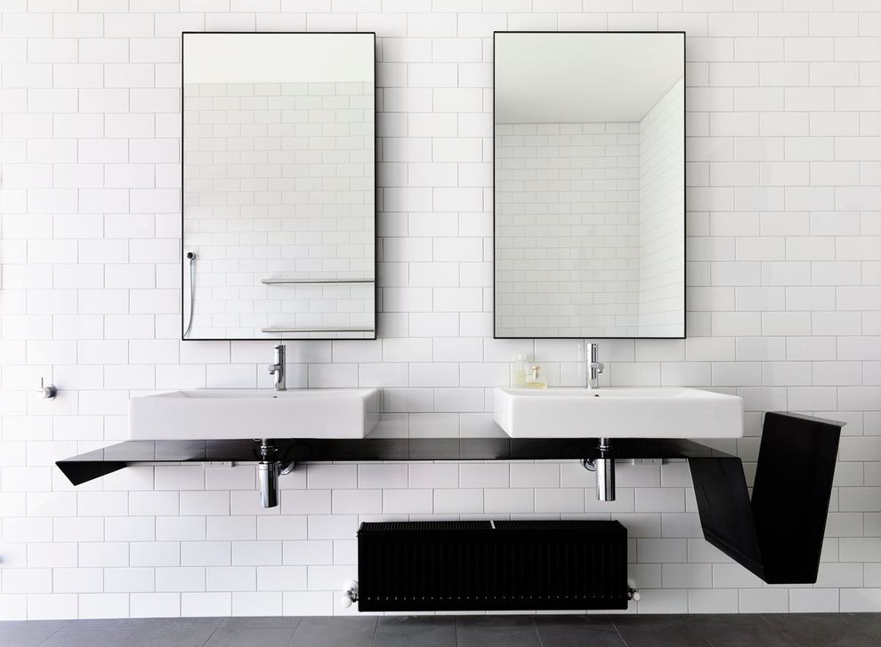 How to Remove Wall Mirror   Contemporary Bathroom  and Black and White Cantilevered Countertop Double Vanity Infinity Mirrors Minimalist Modern Mirrors Subway Tiles Two Sinks Wall Mounted Countertop