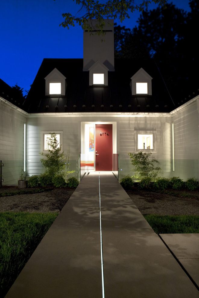 How to Wire Led Light Bar with Transitional Exterior Also Concrete Paving Dormer Windows Entrance Entry Front Door Garden Lighting Glass Railing Grass Handrail House Numbers Lawn Outdoor Lighting Path Red Door Turf Walkway Wood Siding