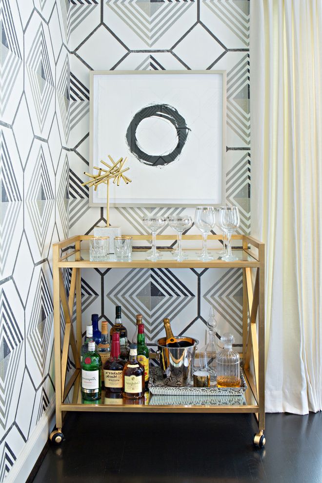 Ice Bin for Bar with Contemporary Home Bar Also Drinks Cabinet Framed Artwork Gilded Bar Cart Gold Accents Gray Geometric Wallpaper Ivory Curtains Wine Glasses
