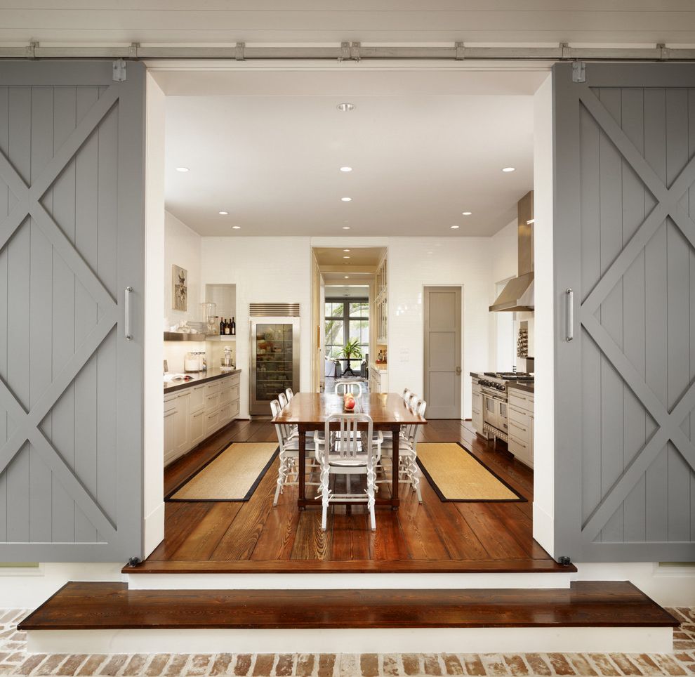 Indoor Barn Doors with Farmhouse Kitchen Also Dining Chairs Dining Table Framed View Gray Barn Doors Rug Runner Stairs