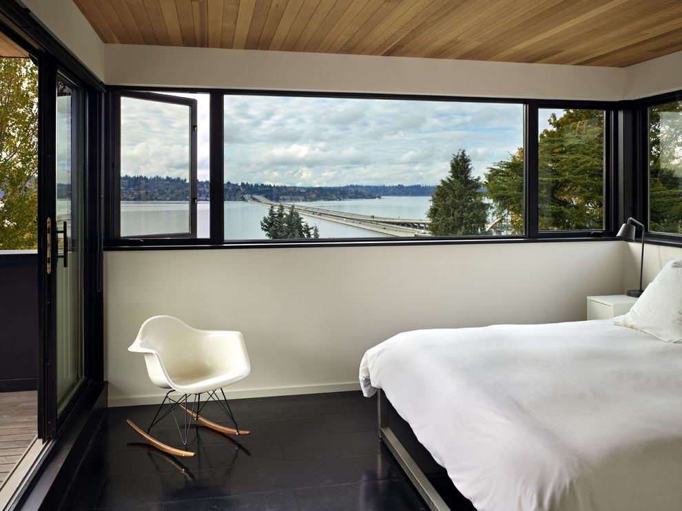 Indow Windows Reviews with Contemporary Bedroom  and Black Black Floor Tile Cedar Contemporary Master Bedroom Modern Seattle Stark Warm Water View White White Bedding Wood Ceiling