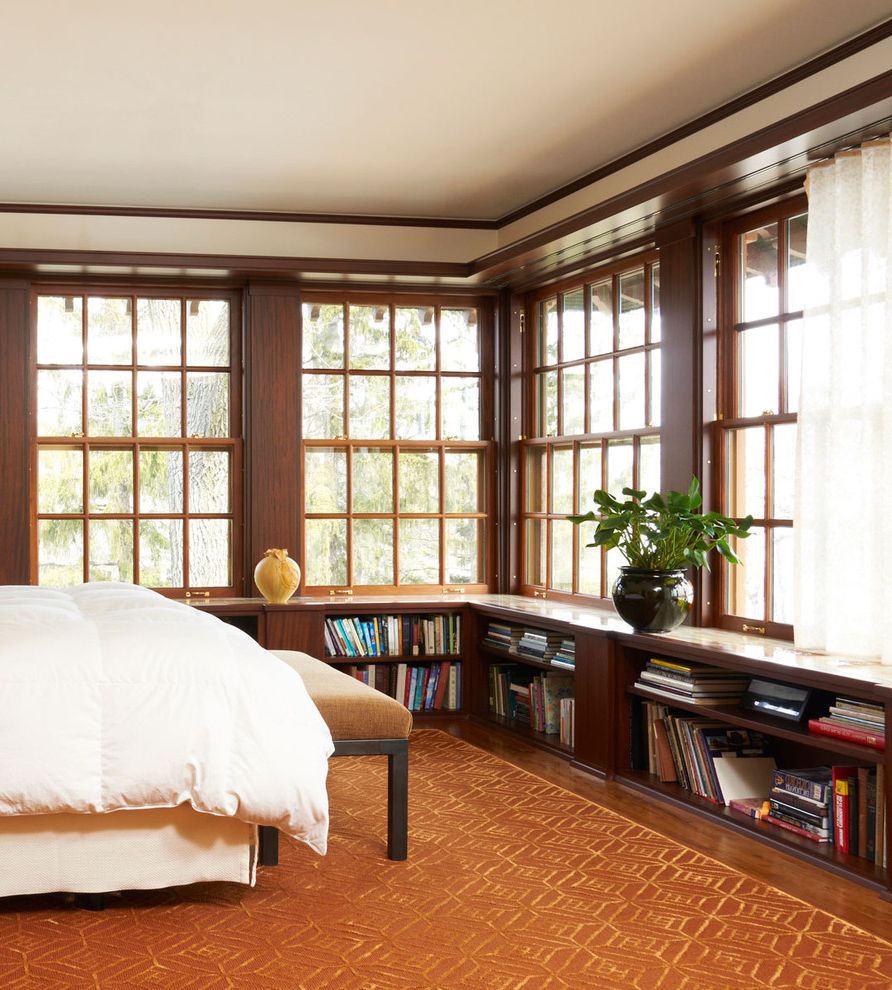 Indow Windows Reviews with Traditional Bedroom Also Bedroom Bench Dark Wood Bookcase Dark Wood Bookshelf Dark Wood Column Dark Wood Pillar Dark Wood Window Trim Low Bookcase Orange Area Rug Patterned Rug Sheer Curtain White Bedding Window Wall