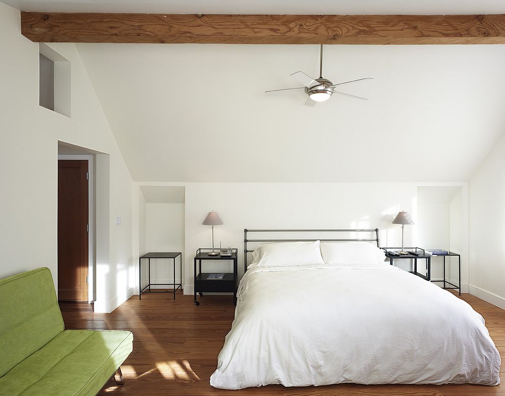 Industrial Style Ceiling Fans   Contemporary Bedroom Also Alcove Bedside Table Ceiling Fan Ceiling Light Exposed Beams Futon Green Sofa Metal Bed Minimal Sloped Ceiling Suede Sofa Table Lamp Timber Vaulted Ceiling White Bedding Wood Flooring