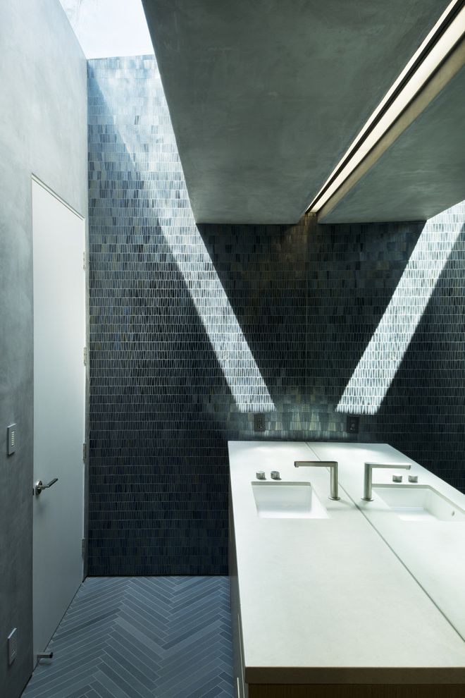 Is It Okay to Use Wall Tiles on the Floor   Contemporary Bathroom Also Chevron Tile Cove Lighting Gray Countertop Gray Floor Tile Herringbone Tile Skylight