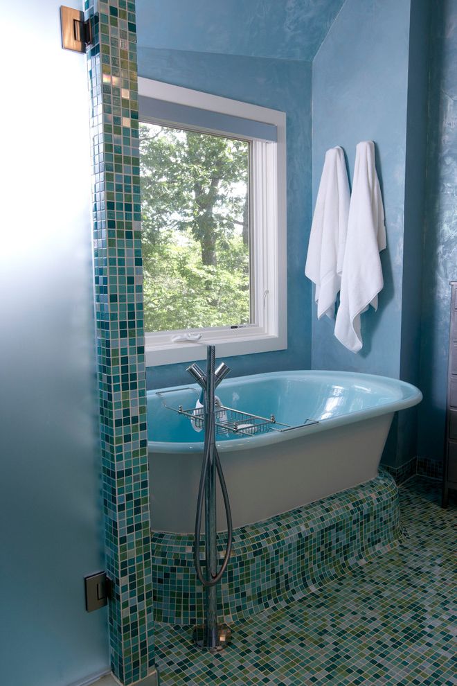Is It Okay to Use Wall Tiles on the Floor with Contemporary Bathroom Also Aquatic Bath Blue Blue Mosaic Free Standing Faucet Mosaic Mosaic Tiled Floor Tiled Floor Window Above Tub