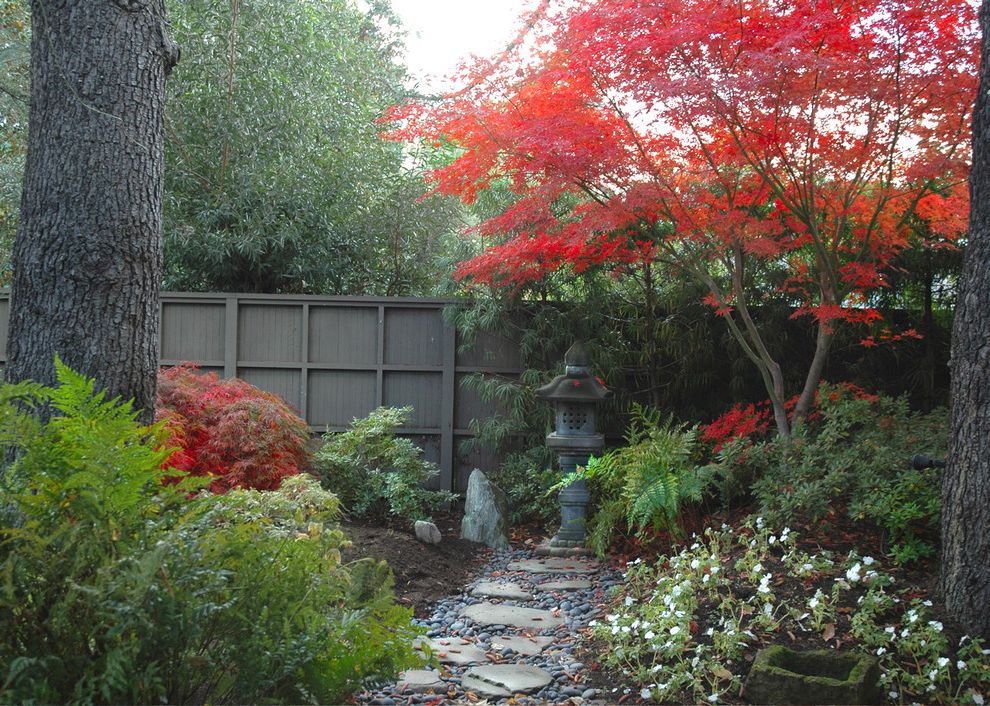 Japanese Outdoor Lanterns with Asian Landscape Also Asian Garden Art Japanese Maple Path Pavers Red Leaves River Pebbles Walkway Wood Fencing