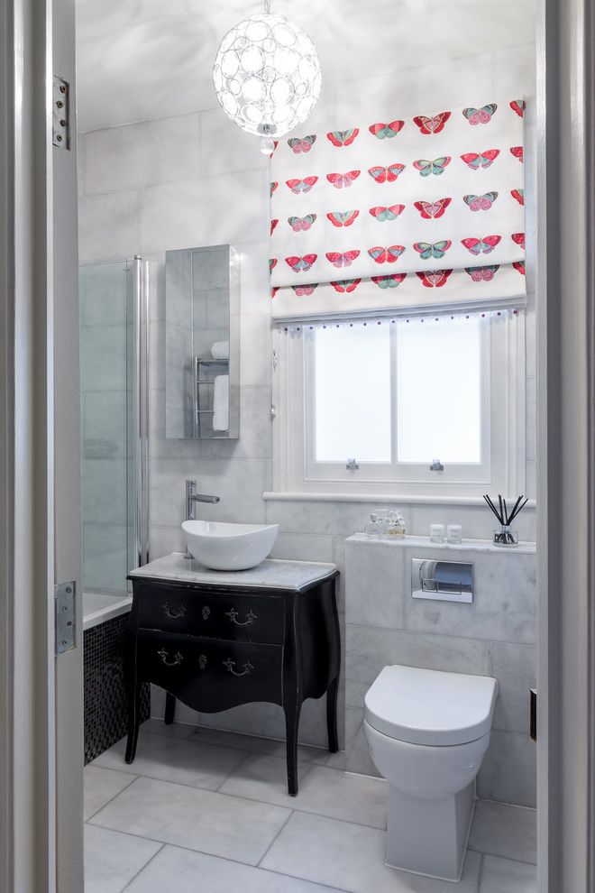 Jet City Blinds with Victorian Bathroom and Bathroom Blinds Blinds Butterflies Butterfly Pattern Dresser Freestanding Sink Marble Tiles Mirrors Roman Blinds Toilet