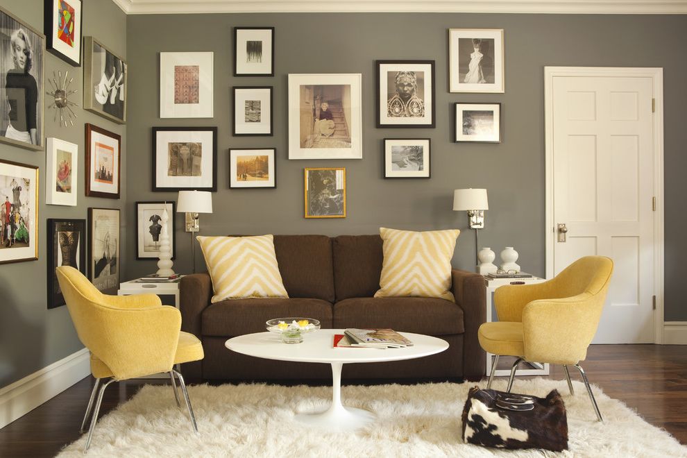 John Moore Plumbing   Transitional Home Office Also Artwork Baseboards Collage Dark Walls Gallery Wall Gray Walls Mid Century Modern Modern Modern Icons Photo Sitting Area Wall Art Wall Decor Yellow Accent Yellow Armchairs