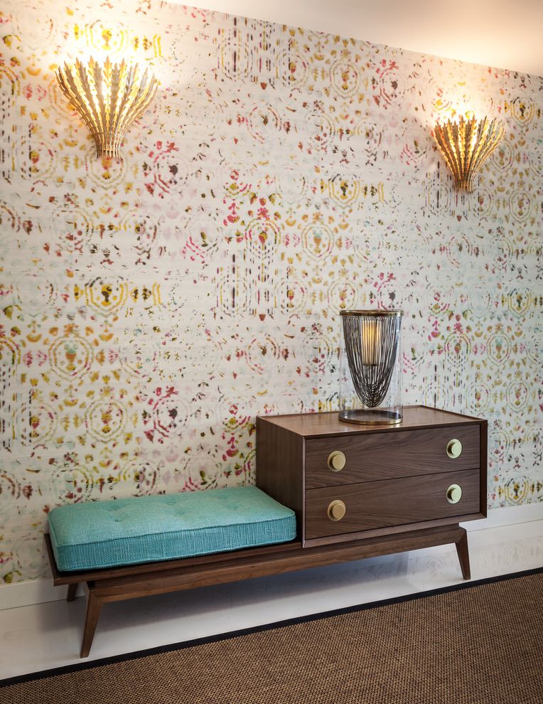 Jonathan Lewis Furniture with Contemporary Entry Also Adriana Hoyos Hurrican Lamp Blue Cushion Brushed Brass Knobs Colorful Wallpaper Gilded Leaf Wall Light Gossip Bench Midcentury Bench Nubby Boucle Bench Seat Cusion