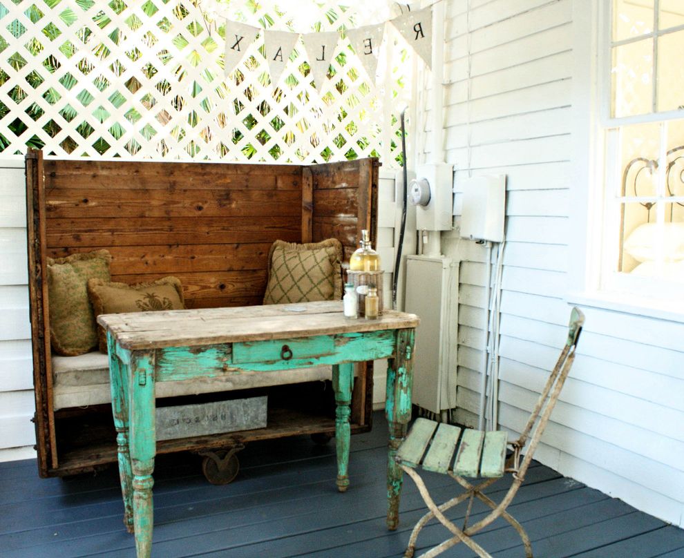Kanes Furniture Tampa with Shabby Chic Style Porch Also Antique Backyard Retreat Banner Bench Seat Distressed Paint Lattice Painted Wood Floor Pillows Repurposed Vintage White Lap Siding