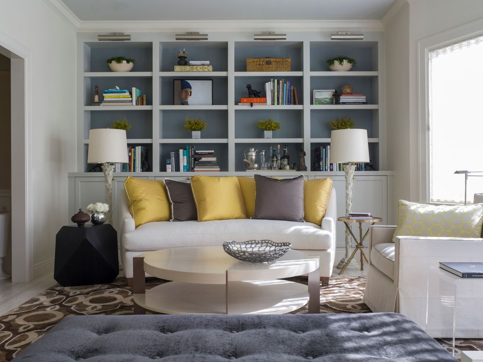 Kate Spade Office Supplies   Transitional Living Room Also Library Lights Tufted Ottoman White Couch Yellow Pillows
