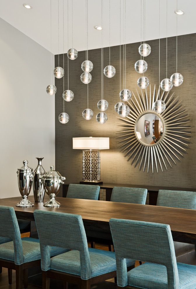 Keller Williams Okc with Midcentury Dining Room Also Console Table Dining Table Gray Accent Wall Pendant Lights Silver Starburst Mirror Table Lamp Turquoise Vaulted Ceiling