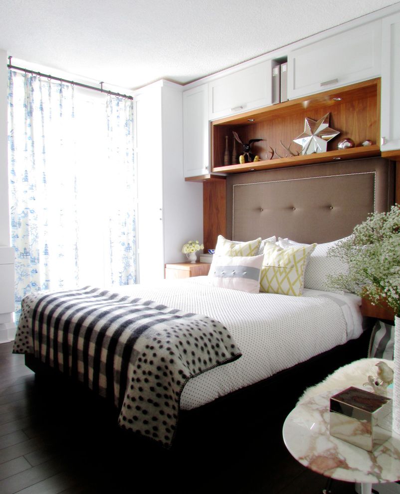 Kinds of Beds with Contemporary Bedroom  and Black and White Bedding Brown Headboard Button Trim Dark Floor My Houzz Nailhead Trim Natural Lighting Polka Dot Bedding Shaker Style Cabinets Shelf Over Headboard Upholstered Headboard White Cabinets