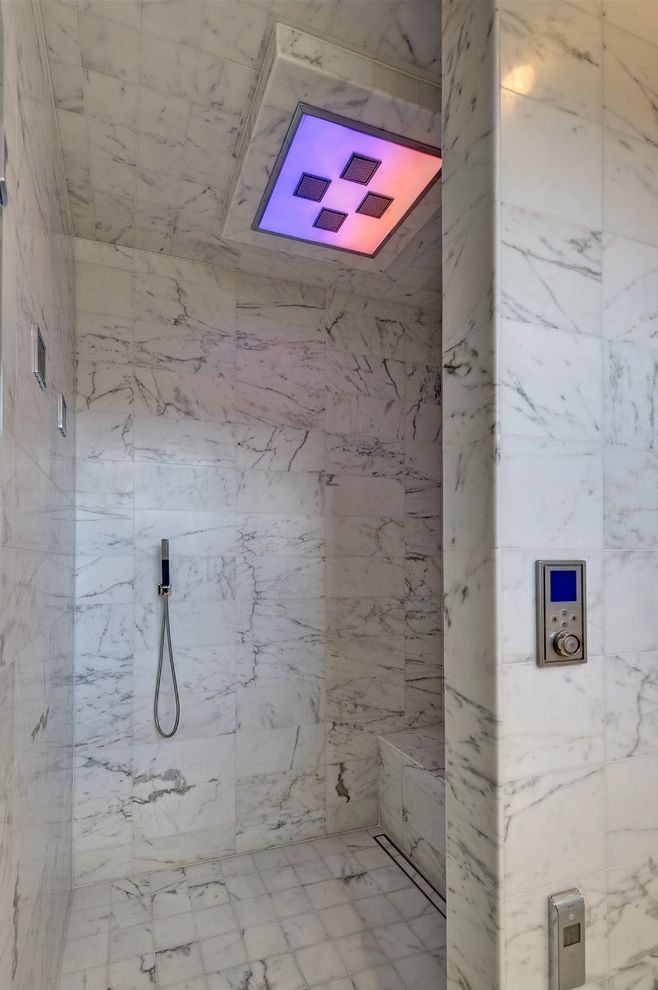 Kohler Forte Shower Head   Contemporary Bathroom  and Aco Drain Linear Marble Tile Mood Lighting Shower Bench Shower Tile Vancouver Walk in Shower