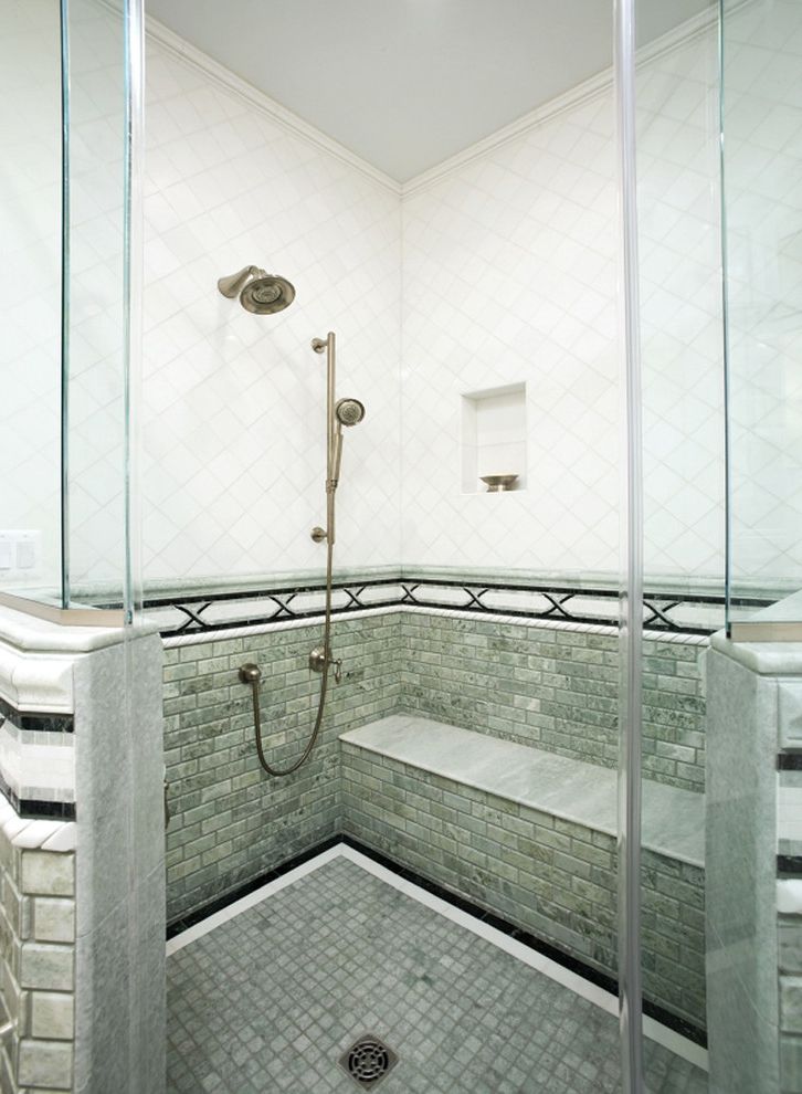 Kohler Forte Shower Head   Traditional Bathroom Also Accent Tiles Built Ins Half Wall Mosaic Tiles Neutral Colors Shower Bench Shower Fixtures Shower Shelves Subway Tiles Wall Tile Design