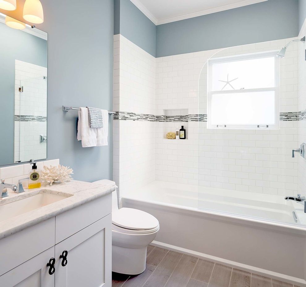 Kohler Shower Mixing Valve   Beach Style Bathroom Also Bianco Carrara Blue Bathroom Gray Floor Tile Kohler Archer Porcelain Tile Planks Shower Niche Shower Screen