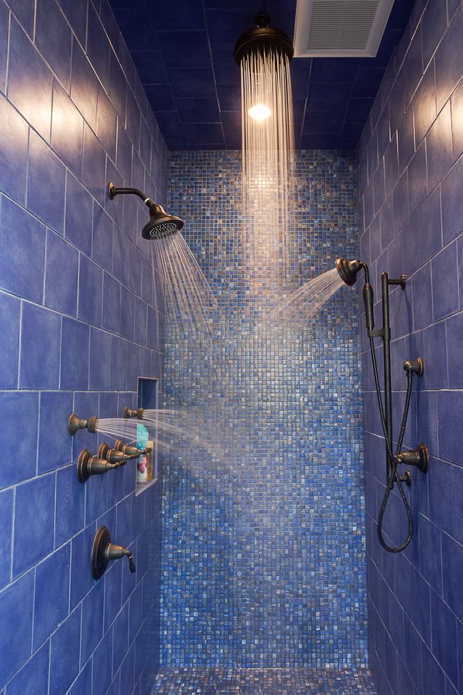Kohler Shower Mixing Valve   Contemporary Bathroom Also Blue Tile Dark Hardware Double Showerheads Mosaic Tile Niche Rain Showerhead Spray