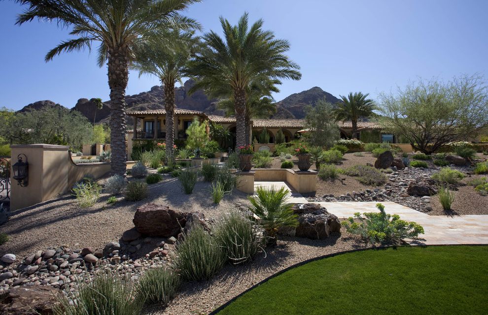 Landscapers Near Me with Southwestern Landscape Also Boulder Container Plant Desert Dry River Grass Gravel Lawn Palm Tree Path Potted Plant River Rock Rock Seat Wall Turf Walkway