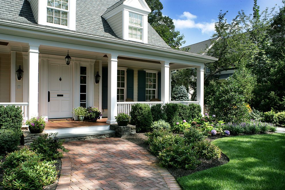 Landscapers Near Me with Traditional Porch  and Black Shutters Brick Brick Path Classic Covered Porch Exteriors Fron Entrance Landscape Path Shutters Terra Cotta Veranda