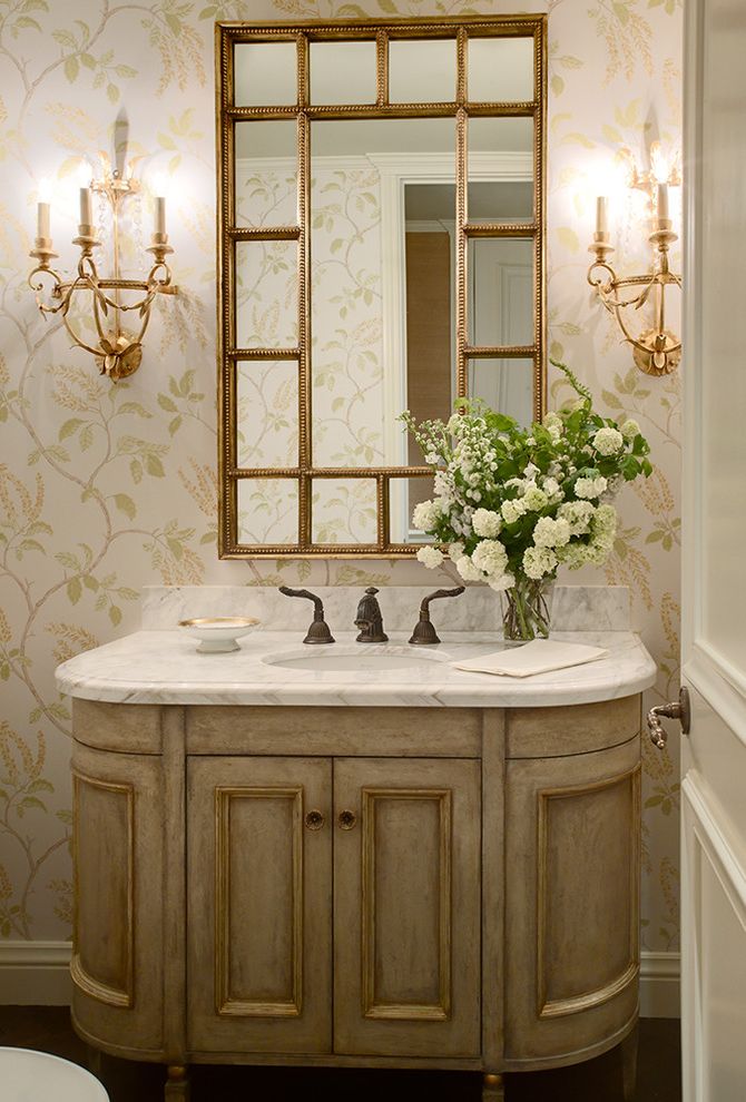 Lighting Stores San Francisco with Traditional Powder Room Also Baseboards Bathroom Lighting Bathroom Mirror Floral Arrangement Freestanding Vanity Neutral Colors Sconce Wall Lighting Wallcoverings Wallpaper