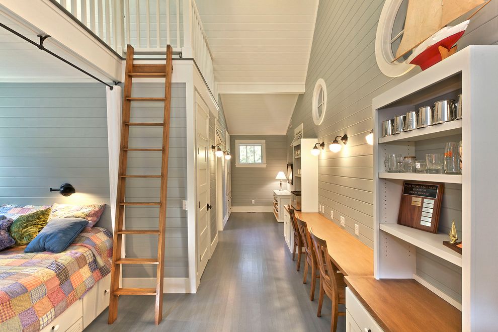 Locksmith in Long Beach with Beach Style Bedroom Also Beadboard Bunk Bed Cottage Craftsman Desk Grey Painted Floor Ladder Loft Modern Craftsman Painted Floor Painted Wood Floor Vaulted Ceiling