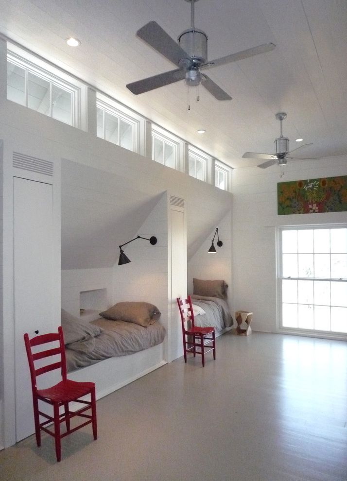 Loft Waco   Farmhouse Bedroom Also Bed Nook Bunk Room Bunkbeds Bunks Ceiling Fan Clerestory Nook Painted Wood Red Chair Swing Arm Lamp Tongue and Groove Twist Stool