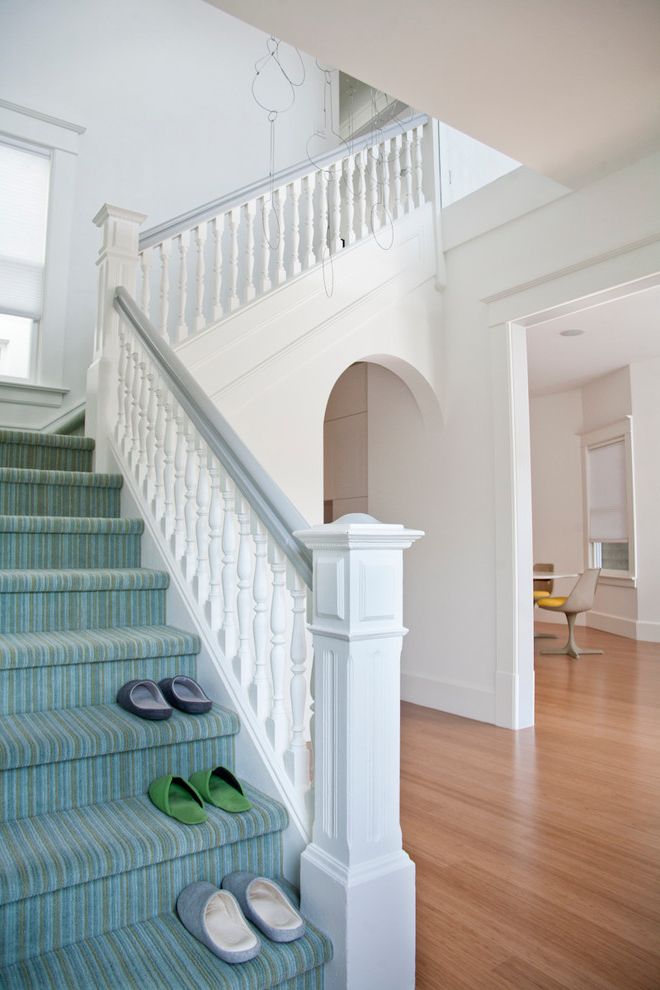 Lowes Carpet Cleaner   Transitional Staircase  and Arch Carved Spindles Edwardian Foyer Hall Hanging Newel Post Riser Sculpture Striped Carpet Striped Staircase Tread White Banister White Staircase