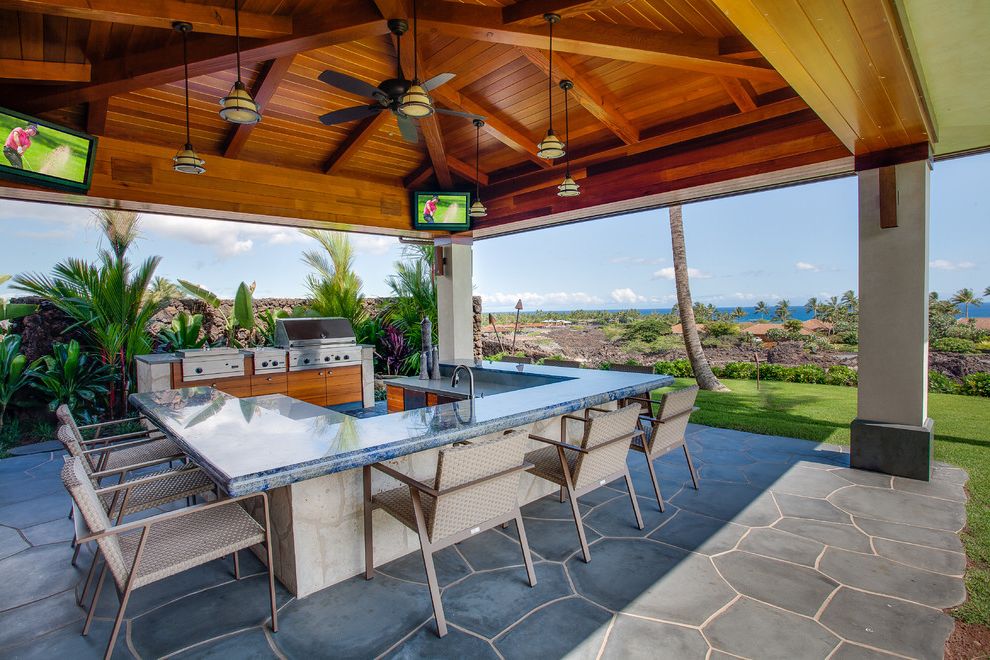 Lowes Conway Ar with Tropical Patio  and Blue Granite Counter Ceiling Fan Counter Stools Flagstone Patio Lawn Ocean View Organic Edge Outdoor Kitchen Pavilion Pendant Lights Tv Vaulted Ceiling Wood Ceiling Wood Beams