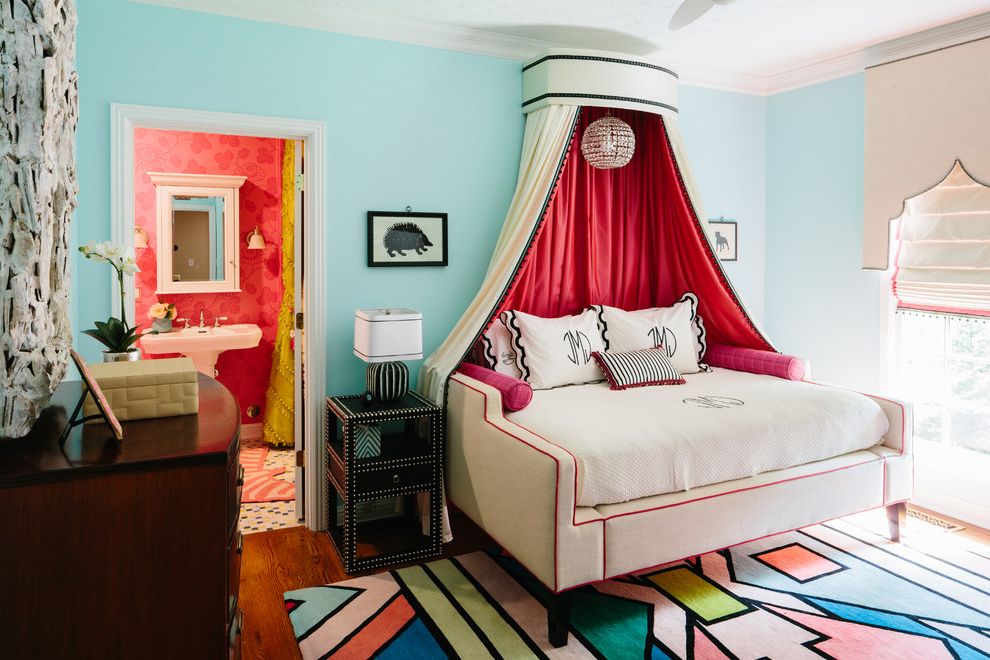 Lowes Knoxville Tn with Contemporary Kids  and Ben Finch Blue Walls Bold Patterns Bright Rug Canopy Bed Chandelier Childrens Room Cornice Board Eclectic Finch Photo Natalie Clayman Interior Design Pink Piping Teenage Girls Bedroom White Trim