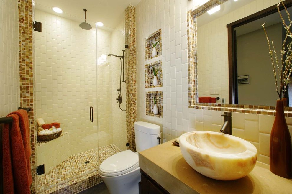 Lowes Oceanside   Contemporary Bathroom Also Brown Corner Bench Cream Display Niche Gold Honey Onyx Sink Niche Oil Rubbed Bronze Orange Recessed Mirror Shower Stone Mosaic Tile Subway Tile Tile Framed Mirror Tiled Wall Vertical Subway Vessel Sink White