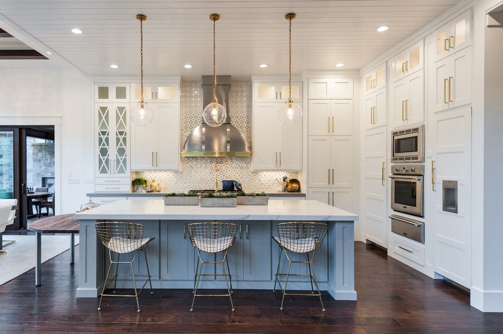 Lowes Oceanside   Transitional Kitchen  and Gold Wire Pulls Gray Kitchen Island Shiplap Ceiling Three Gold Globe Pendant Lights White and Gold Backsplash Wire Barstool