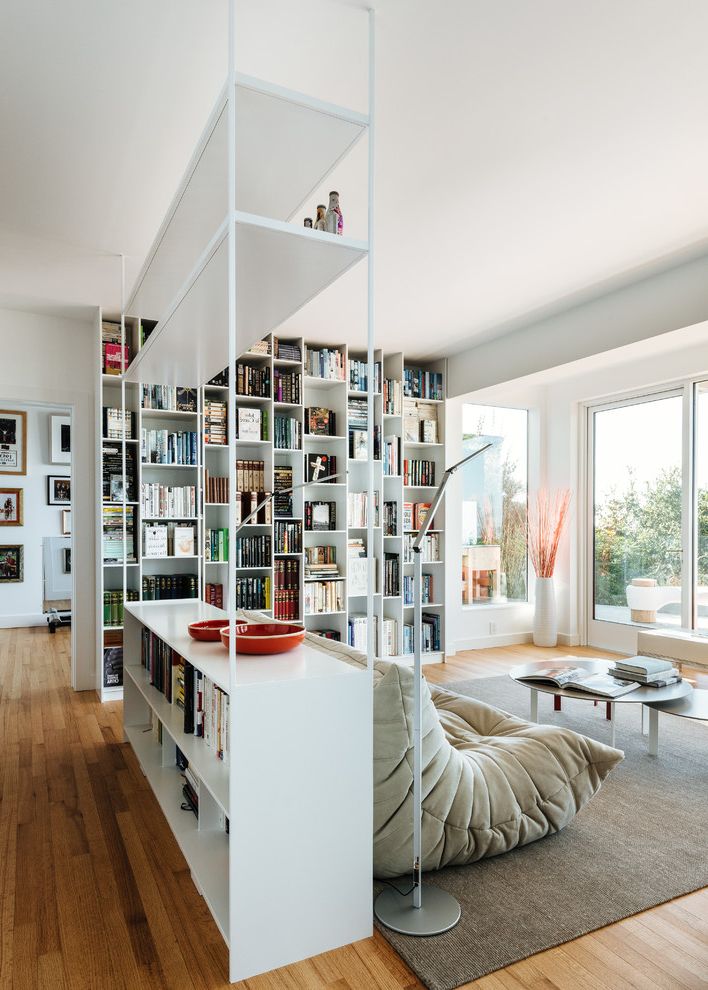 Lowes Shelving Units   Contemporary Family Room Also Area Rug Bookcases Clean Lines Coffee Table Floor Lamp Glass Doors Library Sausalito Tall Ceilings White Shelves