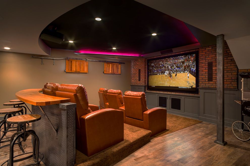 Majestic Theater Seating with Traditional Home Theater and Basement Theater Brick Walls Counter Stools Fiber Optic Ribbon Ceiling Lights Leather Chairs Lower Level Theatre Seating Urban Renewal Design Vinyl Plank Flooring Wood Counter