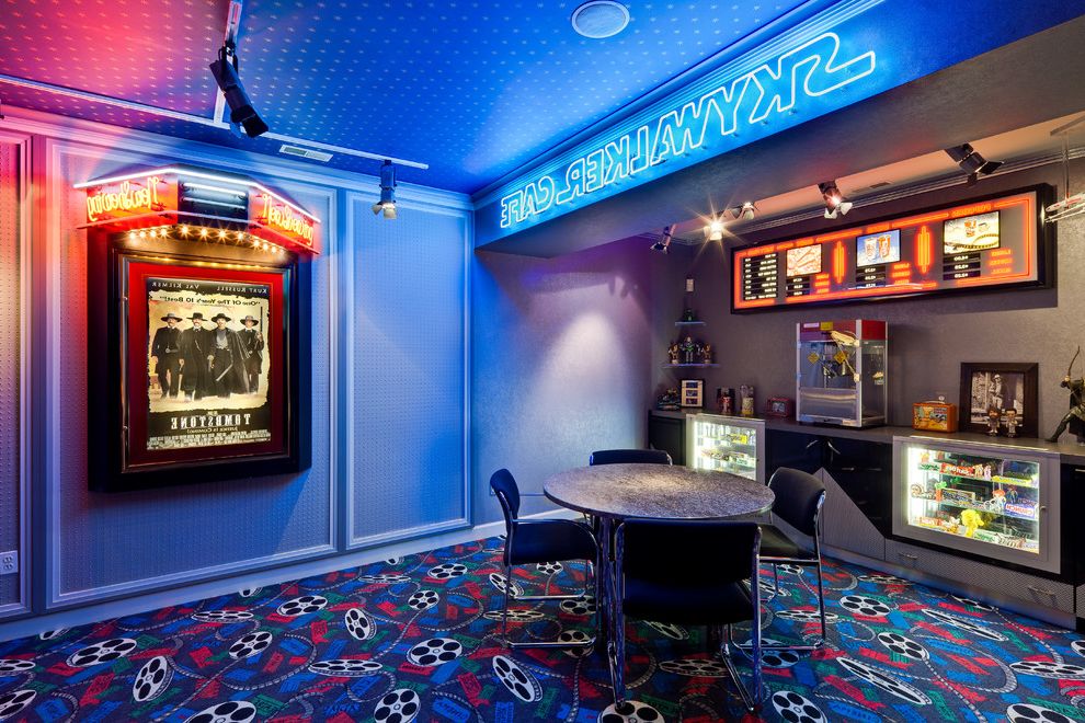 Manassas Movie Theater   Contemporary Home Theater Also Candy Cases Carpeting Concession Stand Marquee Menu Movie Theater Theme Neon Lights Round Table Snack Area Track Lights