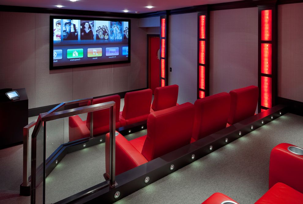 Manassas Movie Theater   Contemporary Home Theater Also Gray Carpet Home Theater Movie Room Red Red Lights Red Seats Stadium Seating