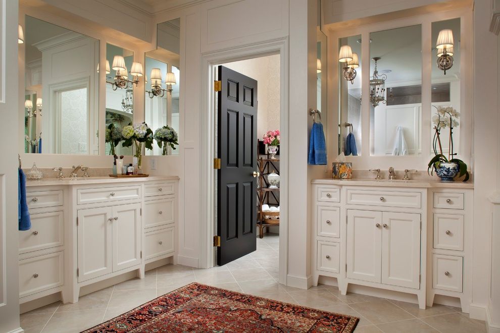 Matte Black Door Handles   Traditional Bathroom  and Black Door Mirror Oriental Carpet Sconces Tiled Floor Vanity White White Vanity