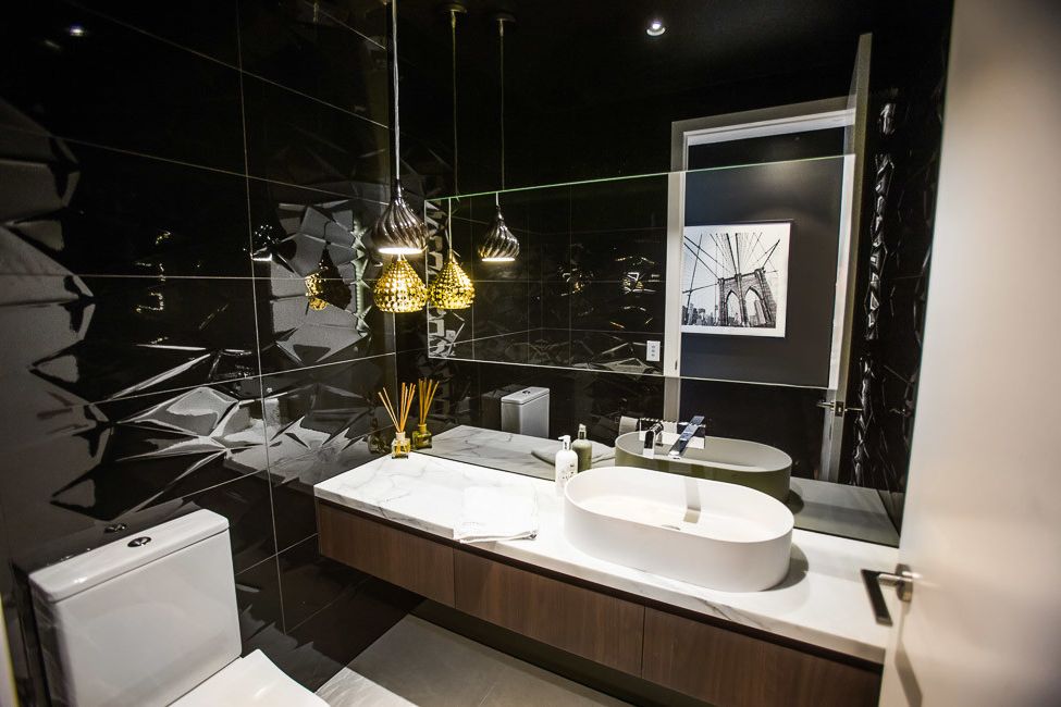 Mckelvey Homes with Modern Bathroom Also Black Tile Gold Pendant Light Marble Benchtop Modern Pendant Lights Vanity