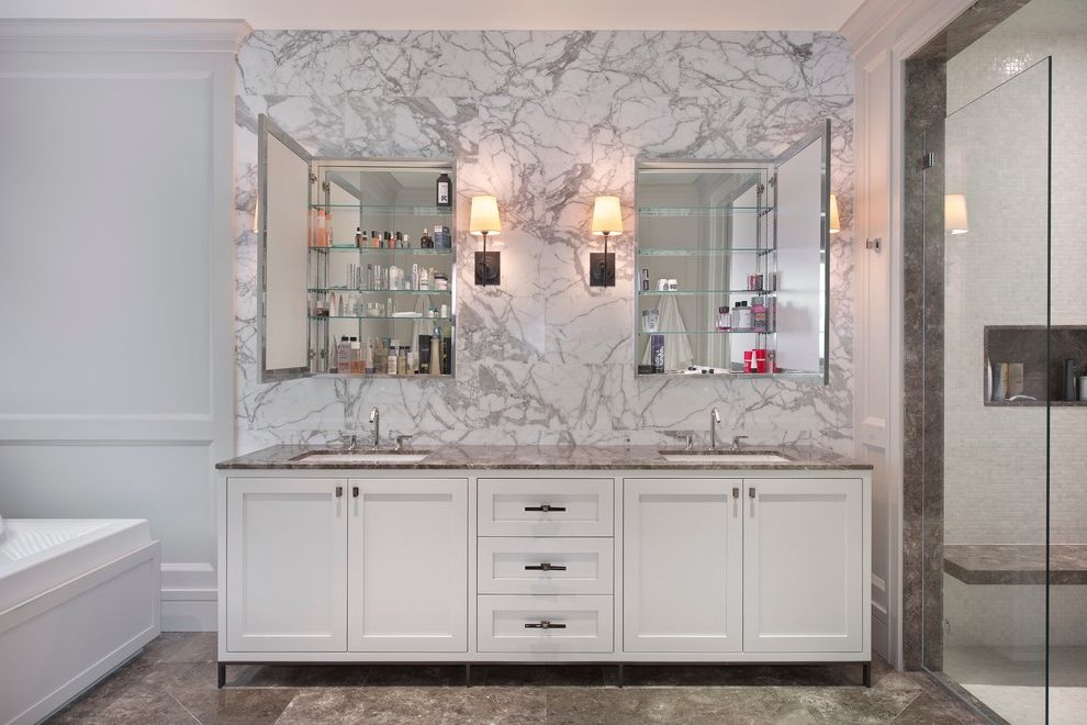 Medicine Cabinet with Electrical Outlet   Contemporary Bathroom  and Bathroom Storage Double Medicine Cabinets Double Sinks Glass Shower Door His and Hers Marble Backsplash Neutral Colors Sconce Shaker Panel Tile Floor Vanity White Wall